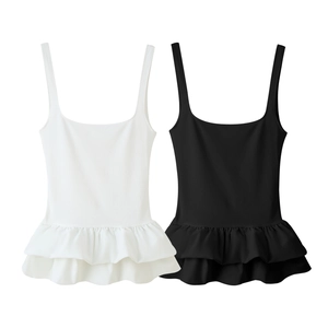 Débardeur Camisole Dos Nu Femme Top Péplum Ourlet Volants Double Couche Col Carré Polyester Couleur Unie Coupe Ajustée Été