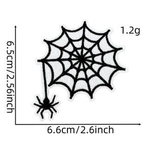 Detailed size view of black spider web embroidered patch for Halloween DIY decor
