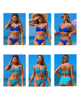 Detail view of high-waisted blue bikini with scalloped edges and side cutouts