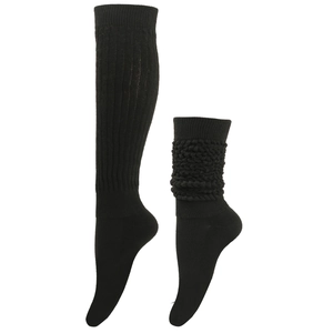 Detailed knit texture of thick black slouch socks showing dual-style wear on white background