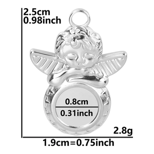 Dimensiones detalladas del colgante de ángel de acero inoxidable con su altura y peso exacto