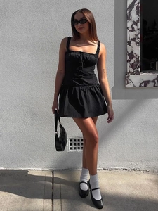 French style slim fit black mini sundress with button design and drawstring details