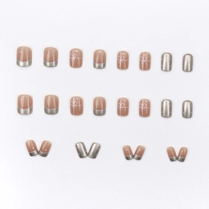French nude short press-on nails with silver tips, bows, and pink dots 24pcs set