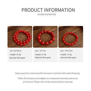 Three styles of red agate beaded bracelets with detailed size and weight specifications