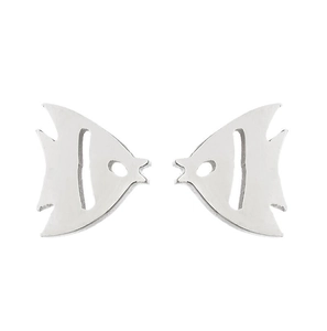 Detailed view of silver fish-shaped stainless steel earrings with cutout design