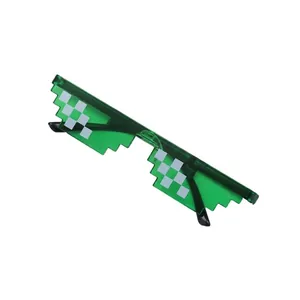 Detail of pixel style party sunglasses in translucent green with Thug Life design