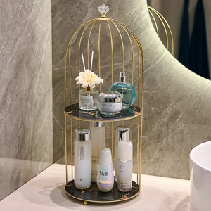European luxury golden birdcage 2-tier makeup organizer with black marble trays