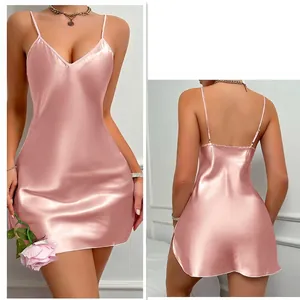 Pink satin slip sleepwear dress for women with deep V-neck and adjustable straps
