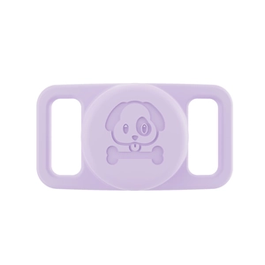 Macro detail of purple silicone AirTag holder with embossed dog and bone pattern