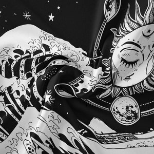 Detail showing high-quality black and white sun and moon printed tapestry with stars
