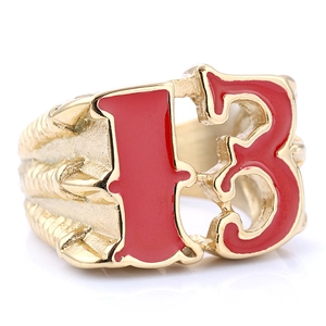 Bague rétro en acier inoxydable avec numéro 13 rouge émaillé sur anneau doré