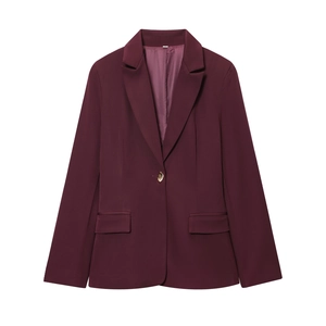 Deep burgundy slim-fit blazer with padded shoulders and single-breasted lapel design
