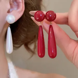 Long Teardrop Pendant Earrings Faux Artificial Pearl Gold Plated With 925 Sterling Silver Earring Post Elegant Vintage For Women