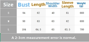 Detailed size chart for faux fur suede jacket with chest and sleeve length measurements