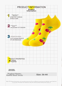 Detail view of yellow low-cut socks with cherry pattern and elastic ribbed cuffs