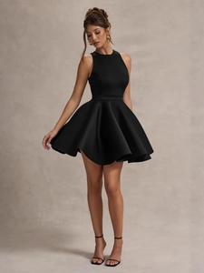 Women Halter Neck Mini Dress Black Backless Large Bow Satin A-Line Sexy Party Cocktail Evening Formal Solid Summer
