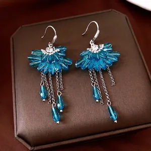 Bohemian fan-shaped blue crystal tassel earrings with elegant luxury flower cluster design
