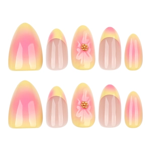 3D floral press-on nails with pink yellow gradient blush and French almond tips