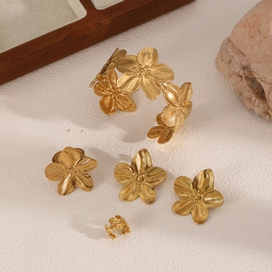 Floral Jewelry Stainless Steel 3D Five-Petal Flower Bracelet Ring Earrings Earcuff Fashion Accessories For Women