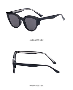 Detail view of black cat-eye sunglasses showing 45 and 90 degree sleek frame profiles