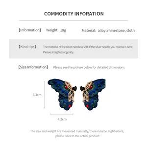 Size chart showing 6.3cm height and 4.2cm width for rhinestone butterfly earrings