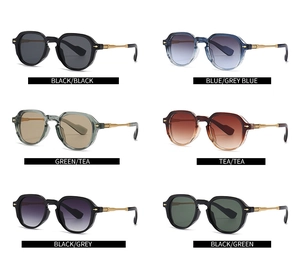 Close-up of six stylish sunglasses in various colors with metallic temple accents