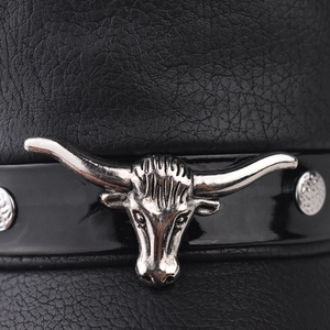 Classic black PU leather beret with a vintage silver bull head metal emblem decoration