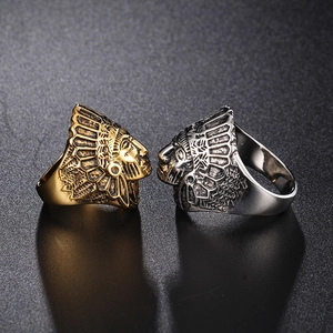 Vintage punk Indian chief head rings in gold and silver finish with detailed engraving