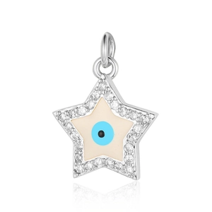 Macro shot of silver star pendant with blue evil eye and zircon stones inlay