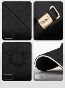 Detail view of black baseball cap stitching, metal Sport buckle, and sandwich brim accents