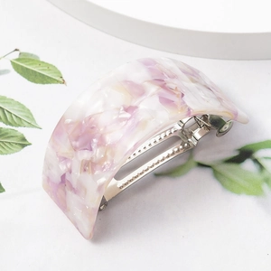 U-shaped tortoise acetate hair clip in purple marble texture with green leaf decor