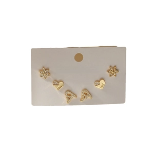 Three-pair gold plated earring set featuring flower, love heart, and letter A with zircons