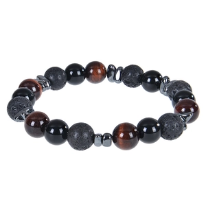 Detailed macro view of 8mm natural lava rock, tiger eye, and hematite beaded bracelet