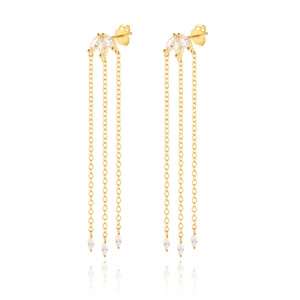 Luxurious gold long tassel earrings featuring marquise cubic zirconia on a white background