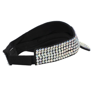 Close-up of rainbow rhinestones on luxury black outdoor sun visor hat for women