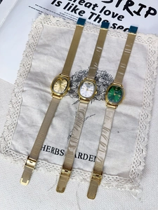 Vintage rectangular women quartz watches with gold mesh strap and Roman numerals