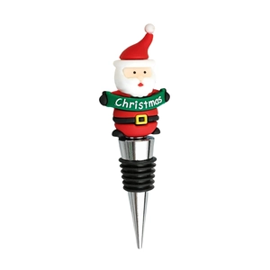 Detailed close-up of a Santa Claus wine bottle stopper with silicone seal and metal base