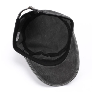 Inside view of washed cotton military cadet hat showing sweatband and 100% cotton label