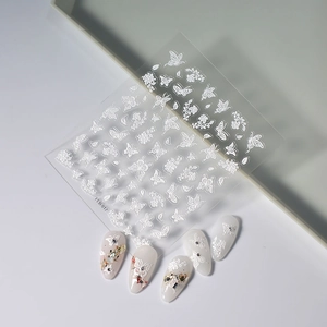 5D embossed white butterfly and floral nail art stickers FEB-817 for professional manicure
