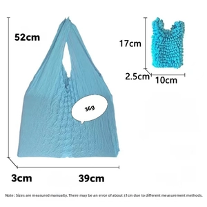 Detailed size chart showing expanded and compact dimensions of blue bubble textured bag