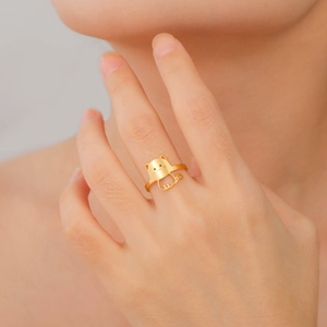 Cute gold stainless steel cat ring for women featuring detailed feline face and paw design