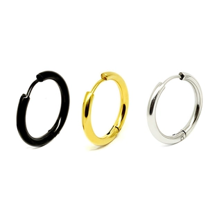 Polished stainless steel hoop earrings in black, gold, and silver finishes for unisex wear