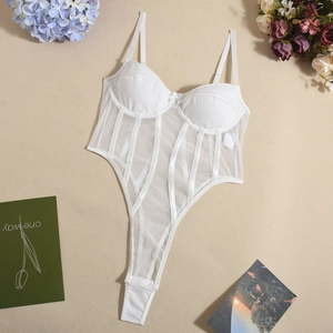 Detail of white mesh bodysuit featuring underwire support and sheer ribbon accents