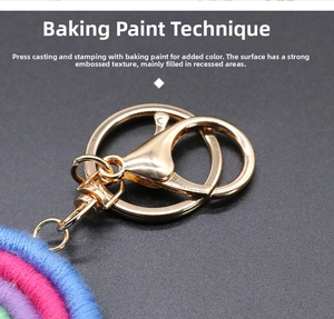 Close-up of colorful braided rainbow keychain with durable golden metal lobster clasp and ring