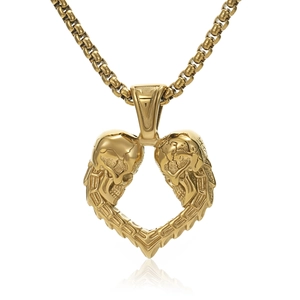 Collier vintage doré avec pendentif cœur à double crâne et chaîne à mailles carrées