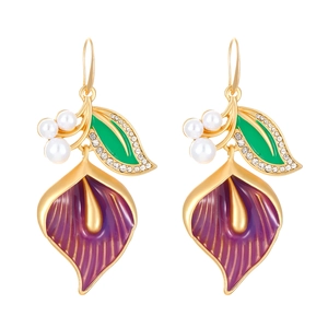 Elegant Calla Lily earrings with purple enamel flowers, white pearls and gold accents