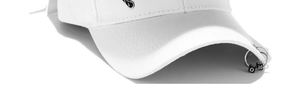 Detailed macro view of white cotton baseball cap brim with metal rings and letter beads