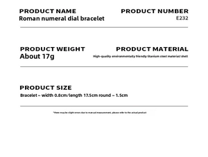 Detailed size and material specification chart for Roman numeral shell bracelet