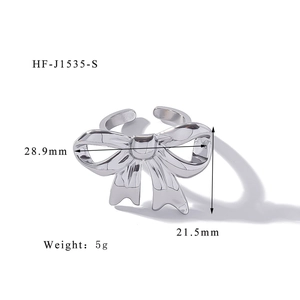 Detailed specs for silver bow ring model HF-J1535-S showing 5g weight and dimensions