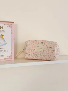 Beauty case in velluto a coste con motivo floreale rosa e chiusura a zip per viaggio
